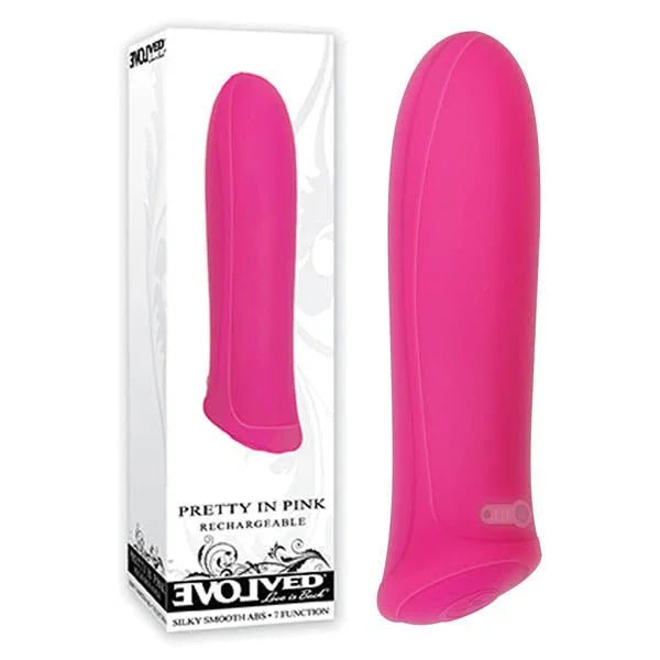 Evolved Pretty In Pink retail box beside the Pink bullet vibrator with its angled tip