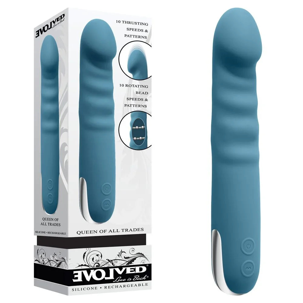 Evolved Queen Of All Trades retail box beside the teal blue thrusting rotating vibrator