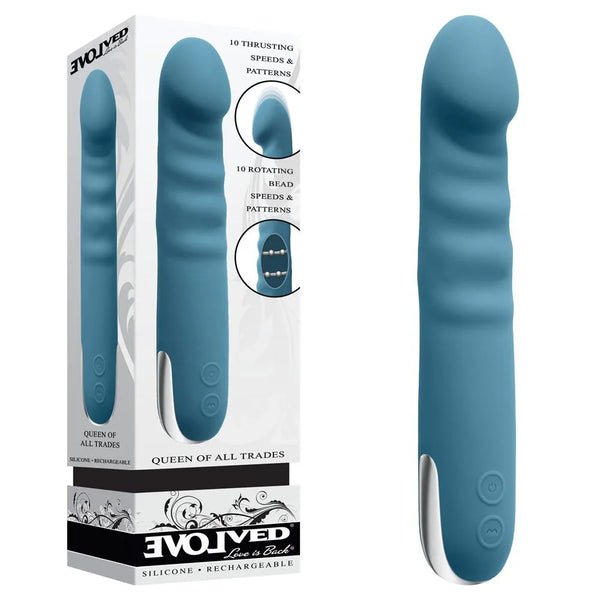 Evolved Queen Of All Trades retail box beside the teal blue thrusting rotating vibrator