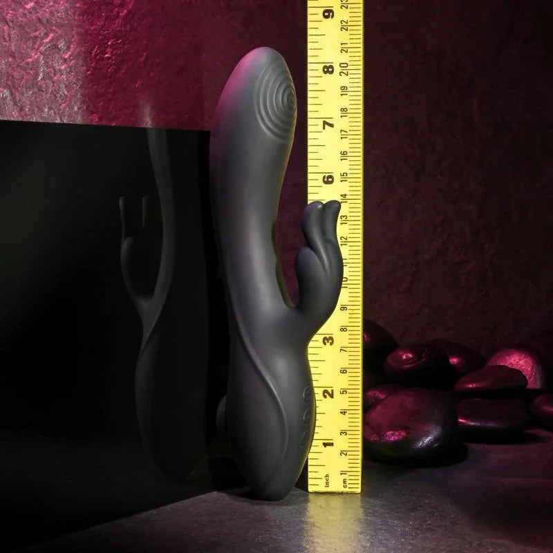 Evolved Rabbit Hole in Black upright against a tape measure, reading a little over 8 inches