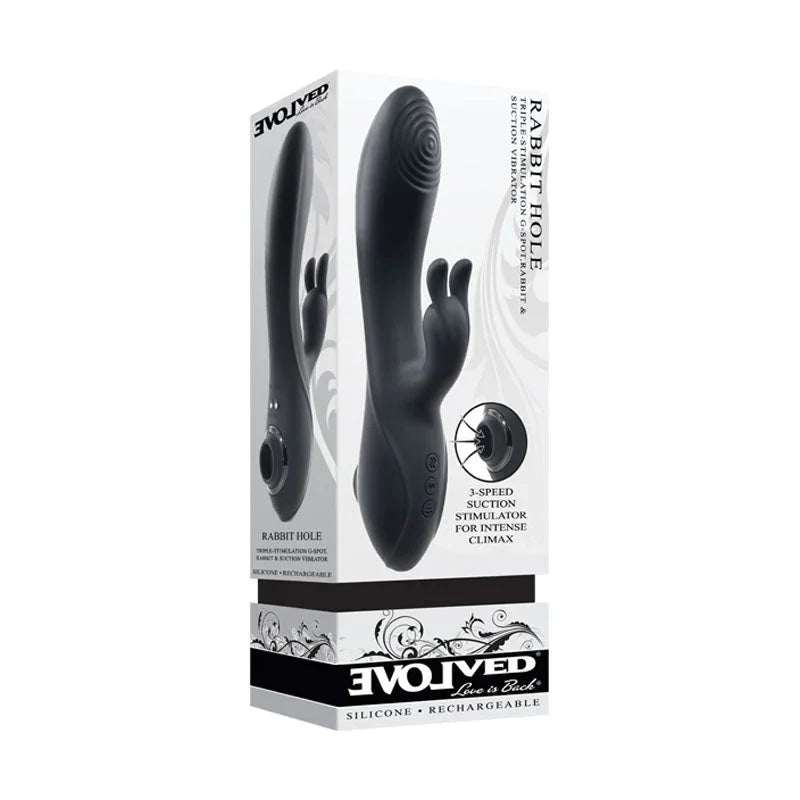 Evolved Rabbit Hole retail box in Black, picturing the vibrator and its suction stimulator