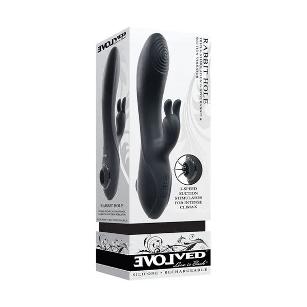 Evolved Rabbit Hole retail box in Black, picturing the vibrator and its suction stimulator