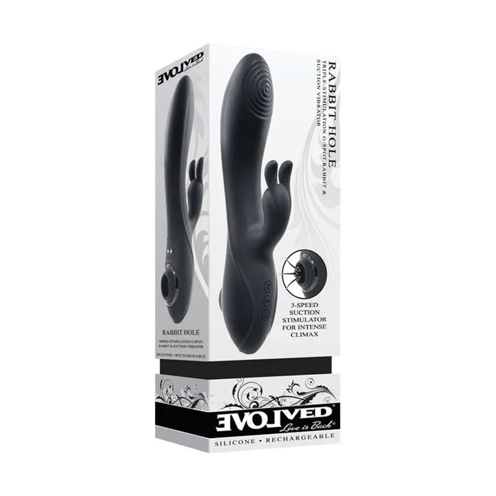 Evolved Rabbit Hole retail box in Black, picturing the vibrator and its suction stimulator