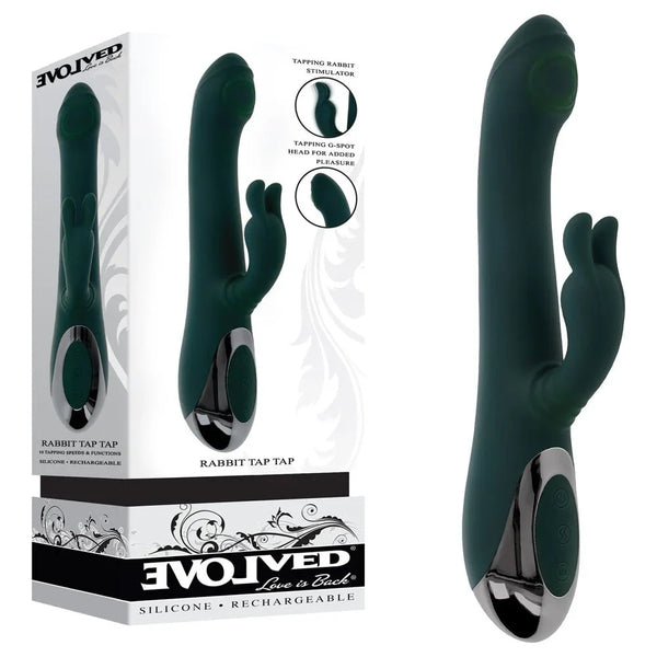 Evolved Rabbit Tap Tap retail box beside the dark green tapping rabbit vibrator with chrome handle