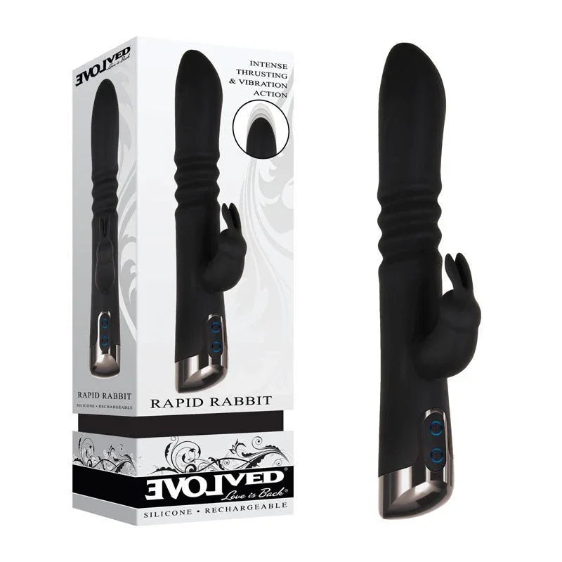 Evolved Rapid Rabbit retail box beside the Black thrusting rabbit vibrator with ribbed shaft