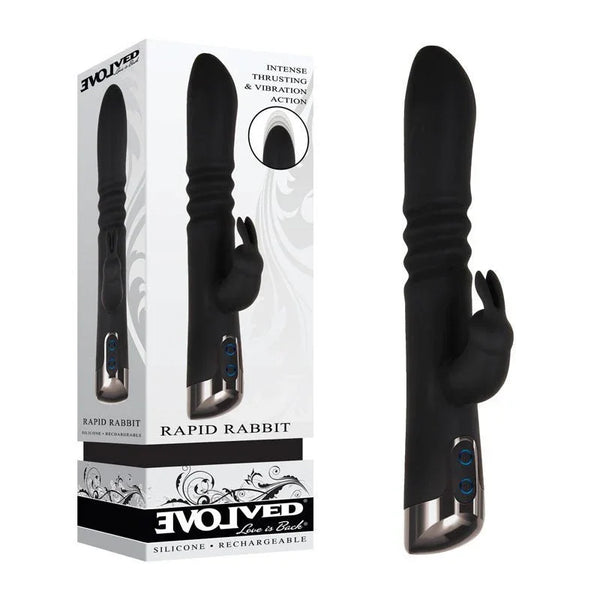 Evolved Rapid Rabbit retail box beside the Black thrusting rabbit vibrator with ribbed shaft