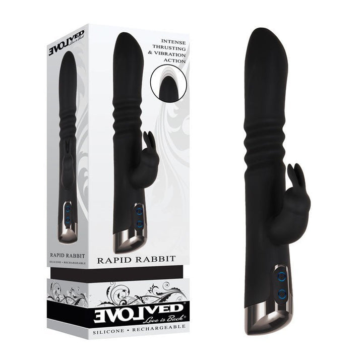 Evolved Rapid Rabbit - Black 25.4 cm USB Rechargeable Thrusting Rabbit Vibrator – Sex toys NZ by Naughtyhut. Discreet delivery nationwide.