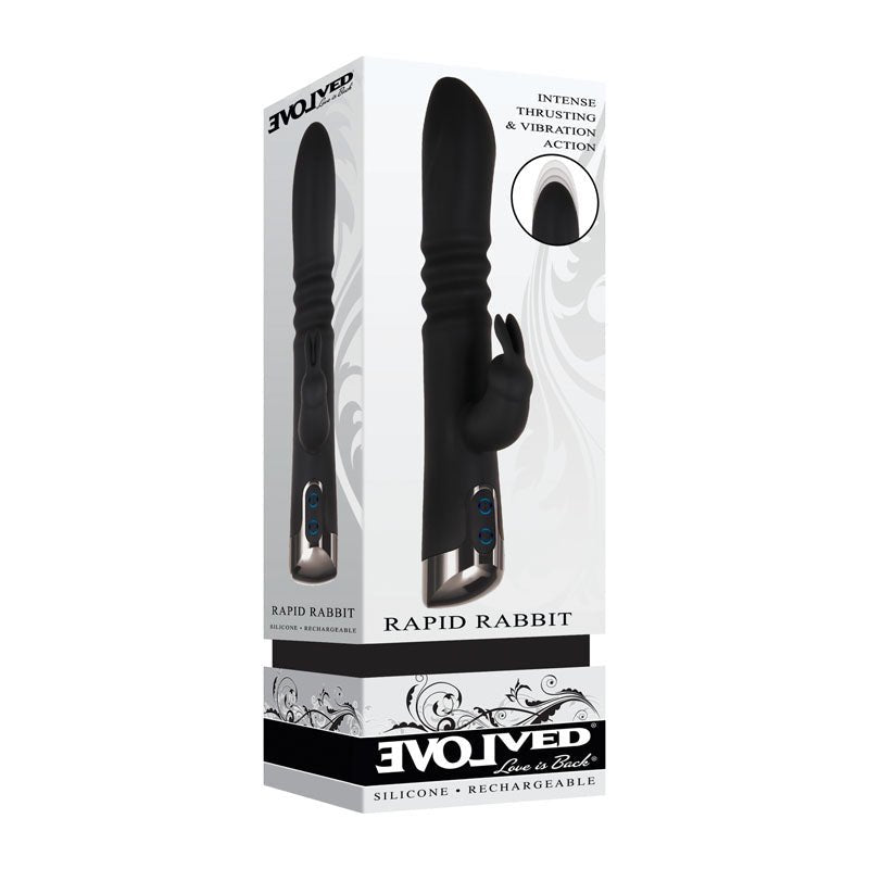 Evolved Rapid Rabbit - Black 25.4 cm USB Rechargeable Thrusting Rabbit Vibrator – Sex toys NZ by Naughtyhut. Discreet delivery nationwide.