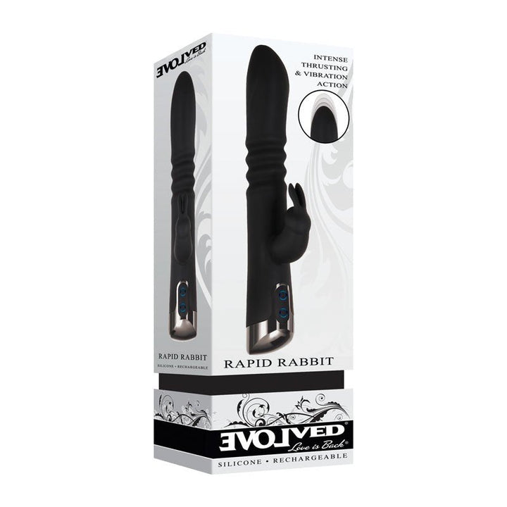 Evolved Rapid Rabbit - Black 25.4 cm USB Rechargeable Thrusting Rabbit Vibrator – Sex toys NZ by Naughtyhut. Discreet delivery nationwide.