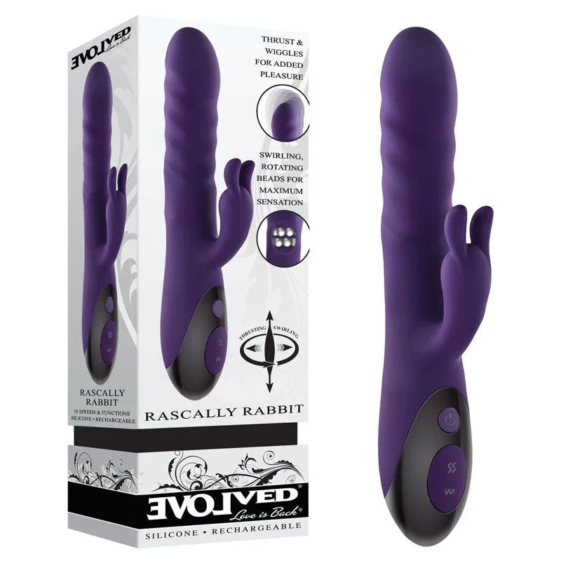 Evolved Rascally Rabbit in Purple beside its Evolved retail box, noting swirling rotating beads