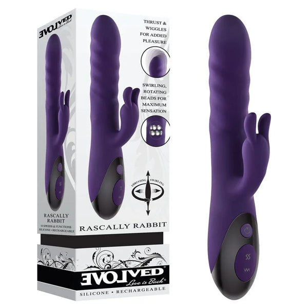 Evolved Rascally Rabbit in Purple beside its Evolved retail box, noting swirling rotating beads