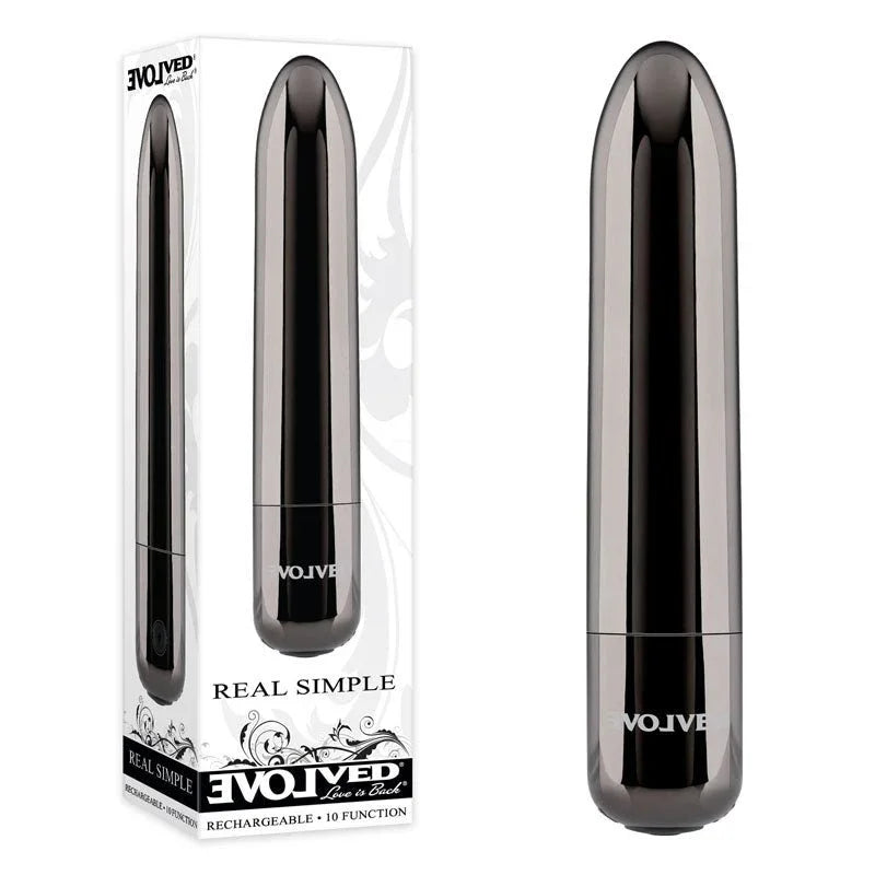 Evolved Real Simple retail box beside the black chrome bullet vibrator with mirrored finish