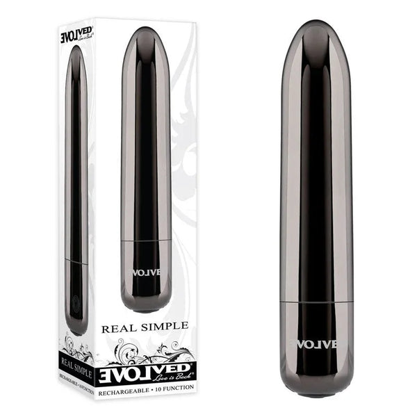 Evolved Real Simple retail box beside the black chrome bullet vibrator with mirrored finish