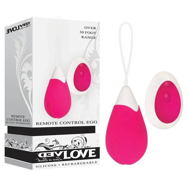 Evolved Remote Control Egg retail box beside the Pink vibrating egg on its cord and oval remote