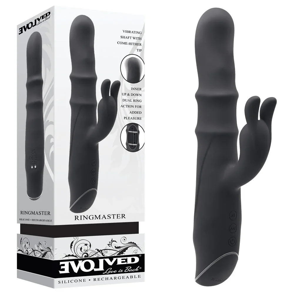 Evolved Ringmaster retail box beside the Black rabbit vibrator with ribbed shaft and come-hither tip