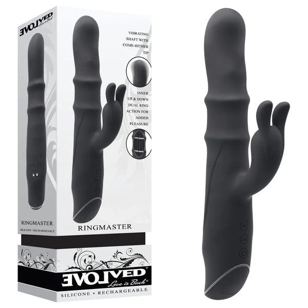 Evolved Ringmaster retail box beside the Black rabbit vibrator with ribbed shaft and come-hither tip