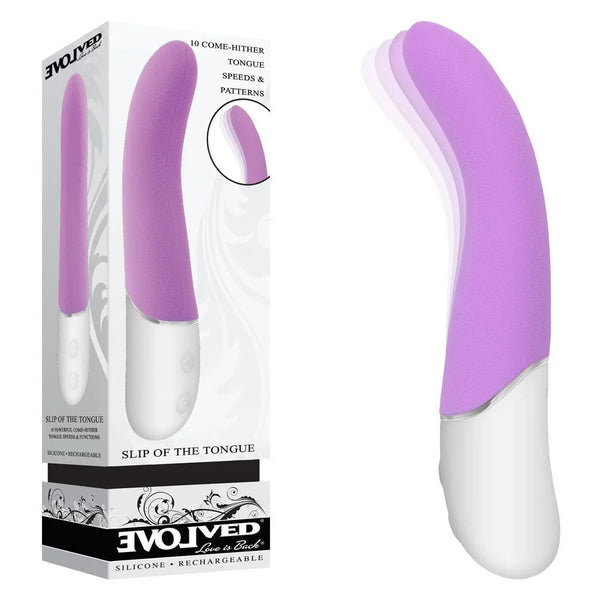 Evolved Slip Of The Tongue retail box beside the orchid purple flicking vibrator with white base