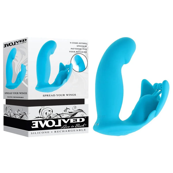 Evolved Spread Your Wings retail box beside the bright blue wearable butterfly vibrator