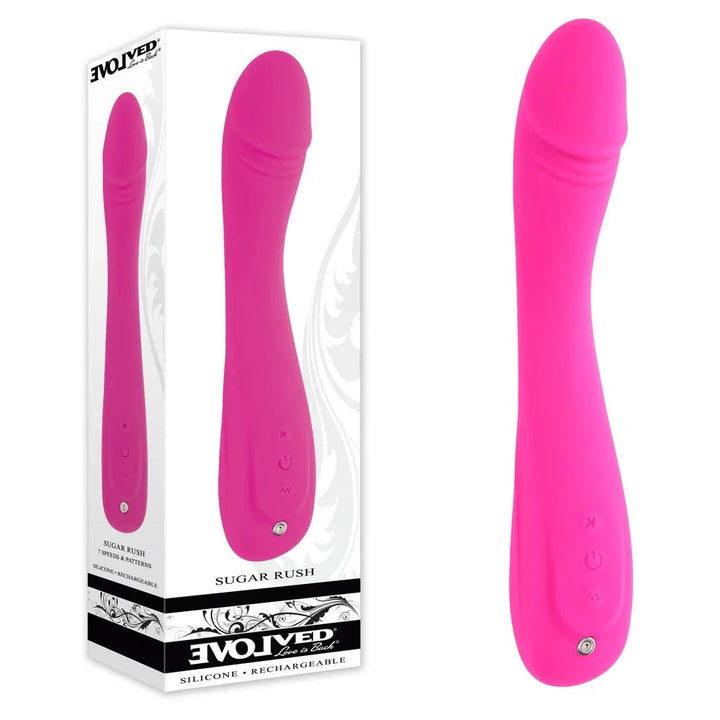 Evolved Sugar Rush vibrator in Pink beside its Evolved retail box on white