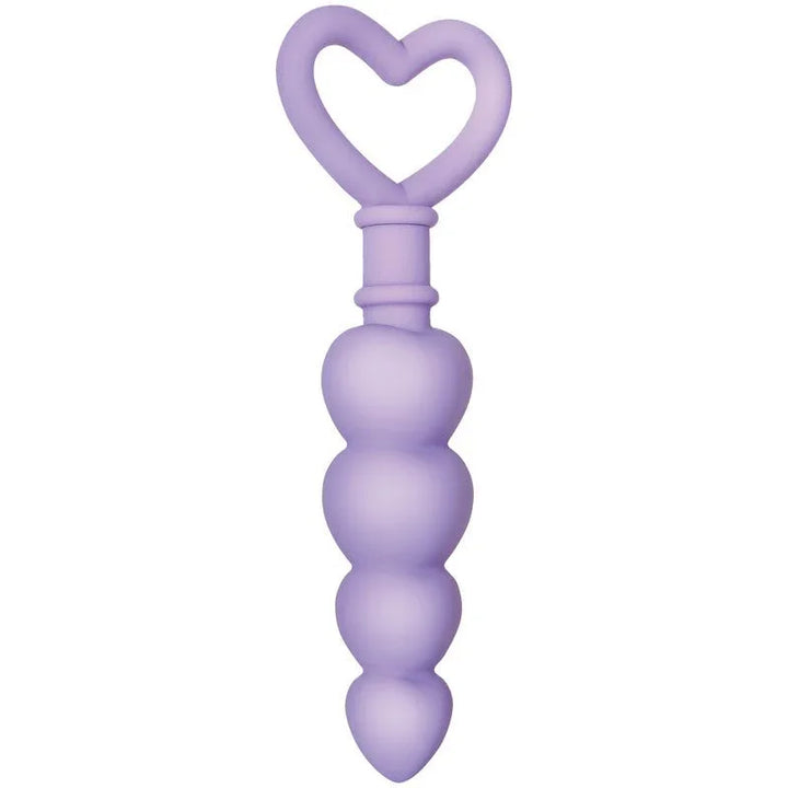 Evolved Sweet Treat butt plug in Purple, upright, front view of the heart-shaped pull handle