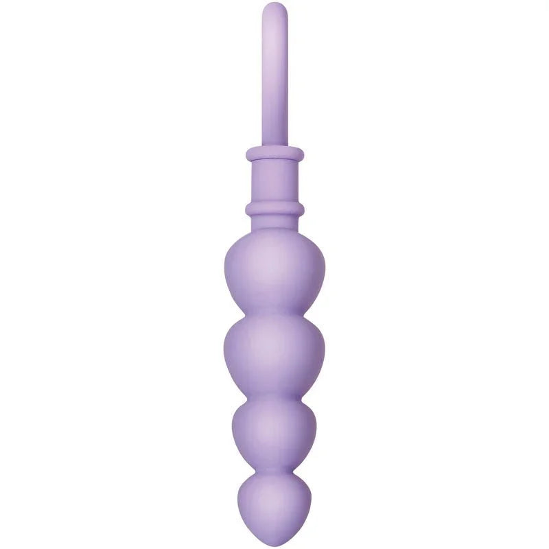 Evolved Sweet Treat butt plug in Purple, upright rear view showing the tapered tip above four beads