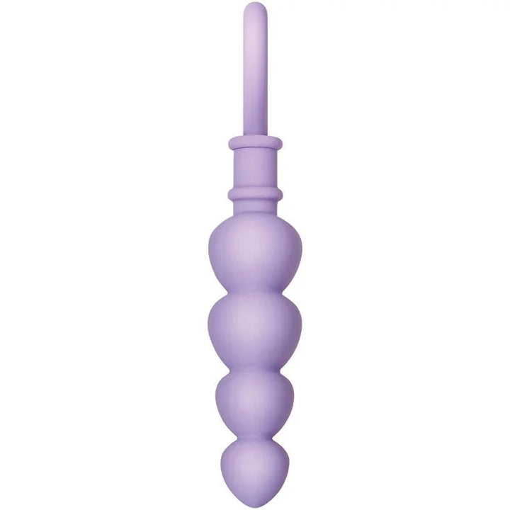 Evolved Sweet Treat butt plug in Purple, upright rear view showing the tapered tip above four beads