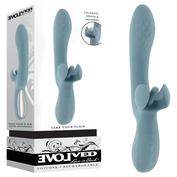 Evolved Take Your Flick retail box beside the grey-green vibrator with its textured shaft and flicker