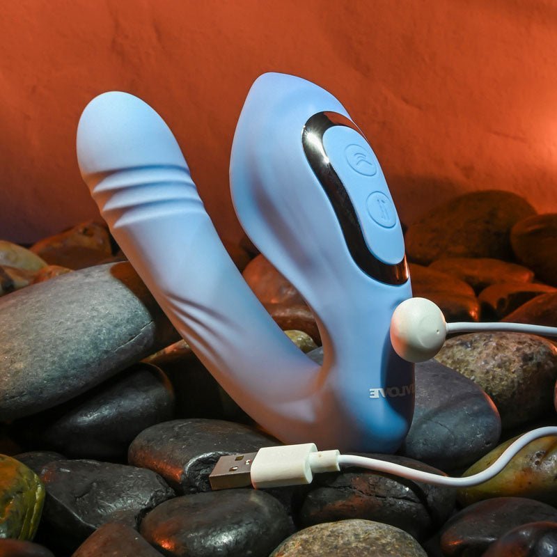 Evolved TAP & THRUST - Blue USB Rechargeable Dual Vibrator – Sex toys NZ by Naughtyhut. Discreet delivery nationwide.