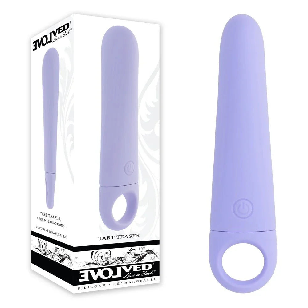 Evolved Tart Teaser retail box beside the lilac vibrator with its looped finger ring base