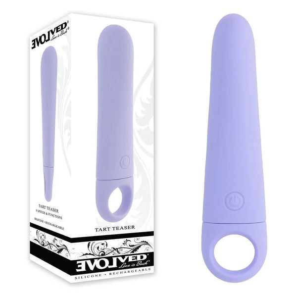 Evolved Tart Teaser retail box beside the lilac vibrator with its looped finger ring base