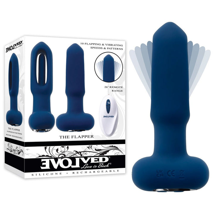 Evolved THE FLAPPER - Blue 14 cm USB Rechargeable Vibrating and Flapping Butt Plug with Remote – Sex toys NZ by Naughtyhut. Discreet delivery nationwide.