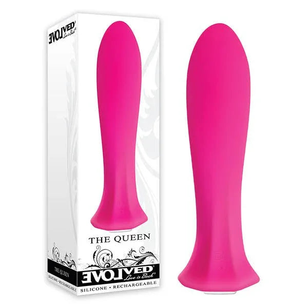 Evolved The Queen retail box beside the Pink bullet vibrator on its flared base