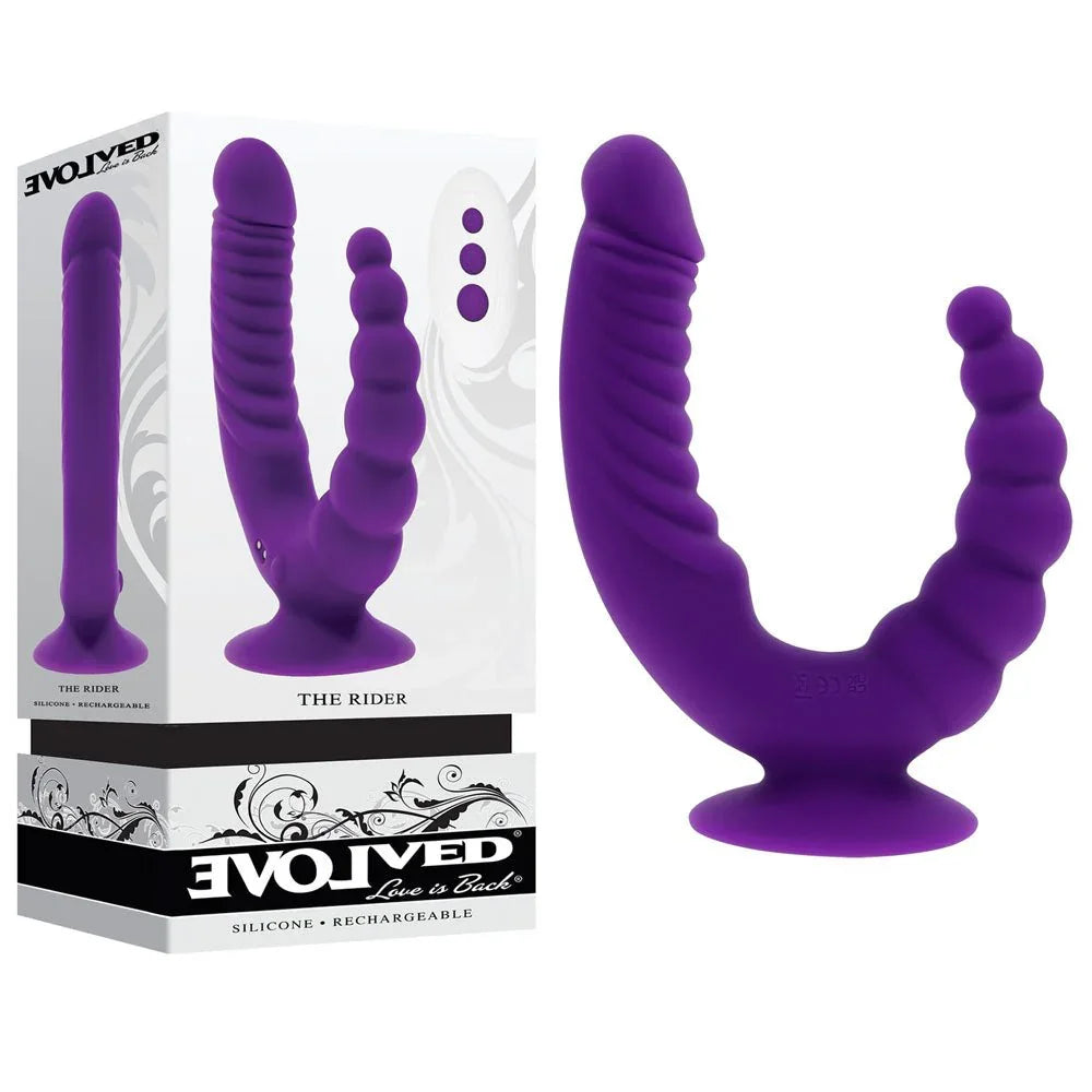 Evolved The Rider retail box beside the Purple double-ended vibrator with ribbed and beaded arms