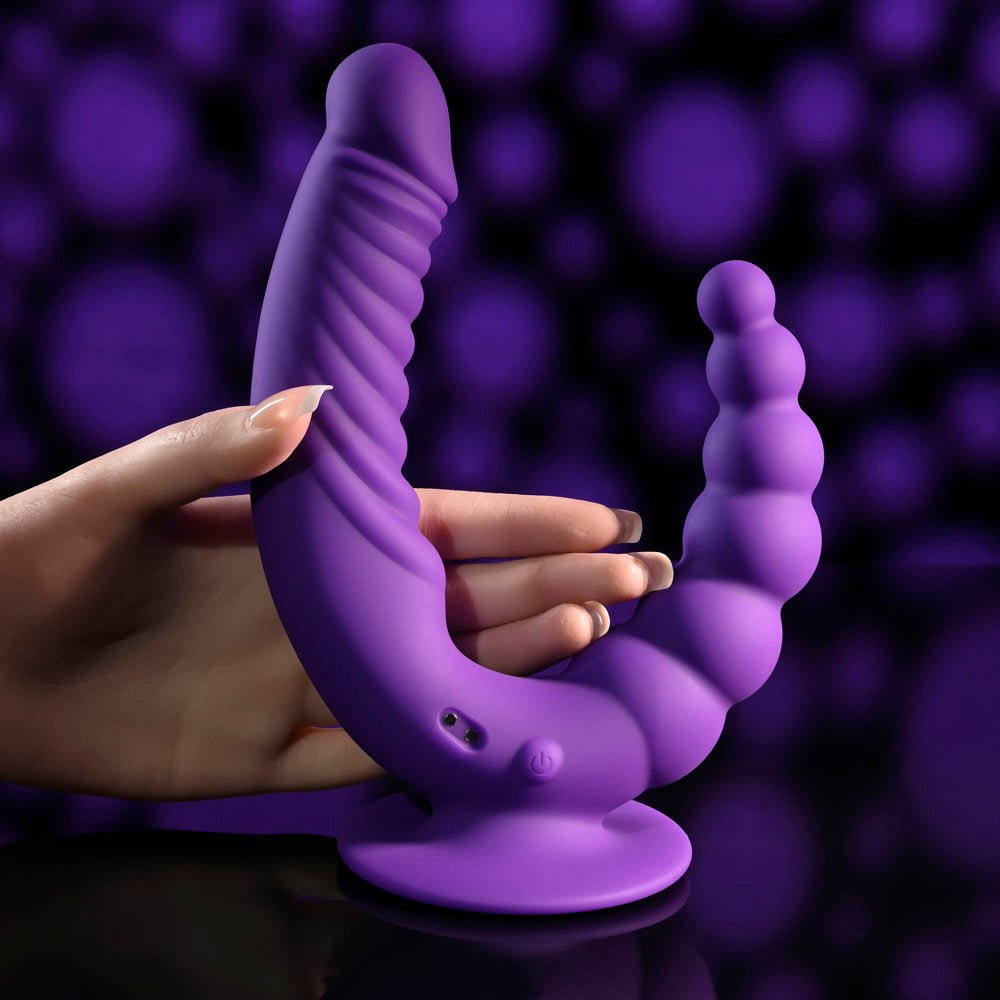 Buy Evolved THE RIDER - Purple USB Rechargeable Double Ended Vibrator with Wireless Remote – Naughtyhut NZ sex toys online. Discreet delivery & top brands.