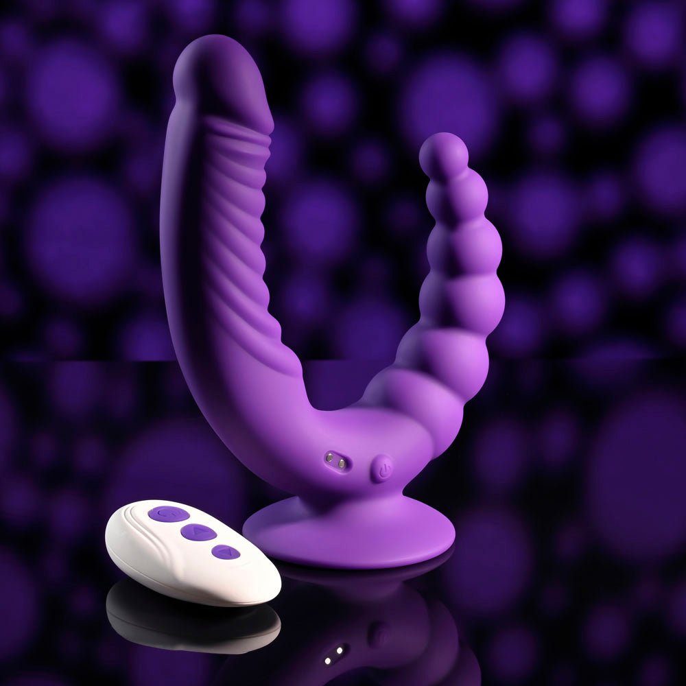 Buy Evolved THE RIDER - Purple USB Rechargeable Double Ended Vibrator with Wireless Remote – Naughtyhut NZ sex toys online. Discreet delivery & top brands.
