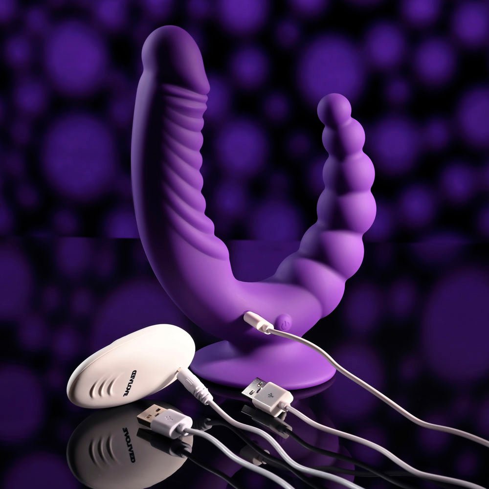 Buy Evolved THE RIDER - Purple USB Rechargeable Double Ended Vibrator with Wireless Remote – Naughtyhut NZ sex toys online. Discreet delivery & top brands.