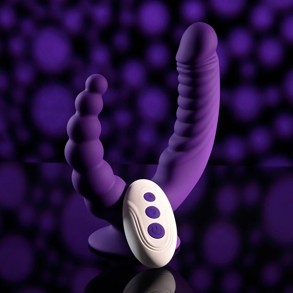 Buy Evolved THE RIDER - Purple USB Rechargeable Double Ended Vibrator with Wireless Remote – Naughtyhut NZ sex toys online. Discreet delivery & top brands.
