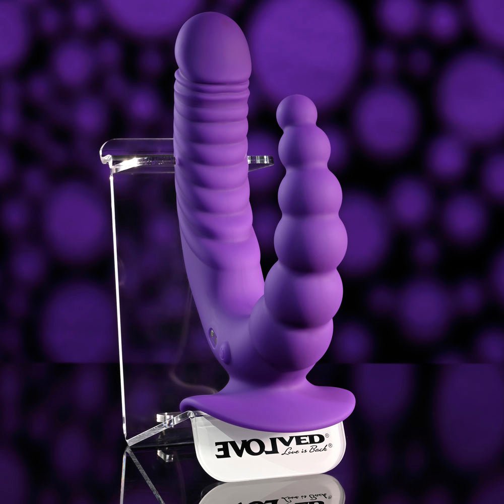 Buy Evolved THE RIDER - Purple USB Rechargeable Double Ended Vibrator with Wireless Remote – Naughtyhut NZ sex toys online. Discreet delivery & top brands.