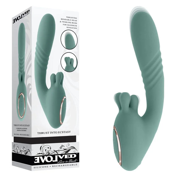 Evolved Thrust Into Ecstasy retail box beside the sage green thrusting rotating rabbit vibrator