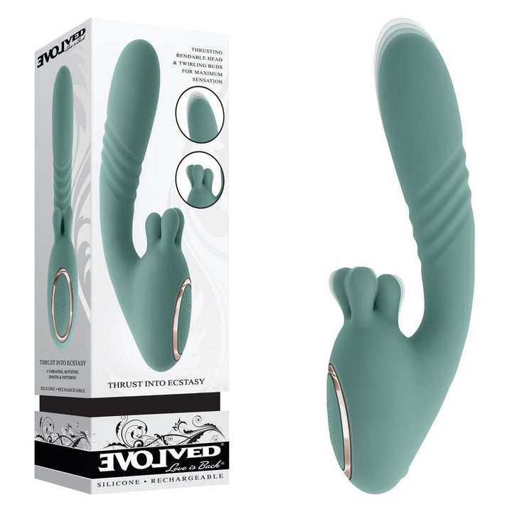 Evolved THRUST INTO ECSTASY - Green 21 cm USB Rechargeable Thrusting & Rotating Vibrator – Sex toys NZ by Naughtyhut. Discreet delivery nationwide.