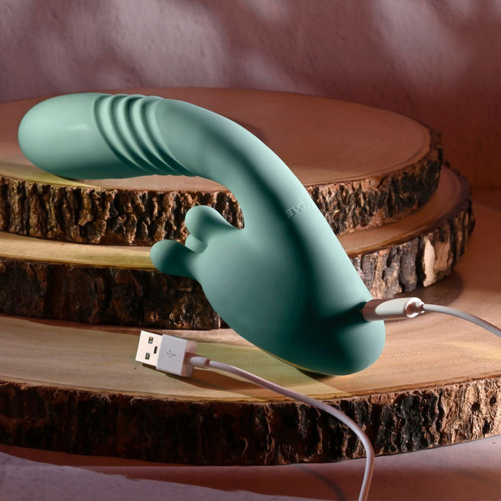 Evolved THRUST INTO ECSTASY - Green 21 cm USB Rechargeable Thrusting & Rotating Vibrator – Sex toys NZ by Naughtyhut. Discreet delivery nationwide.