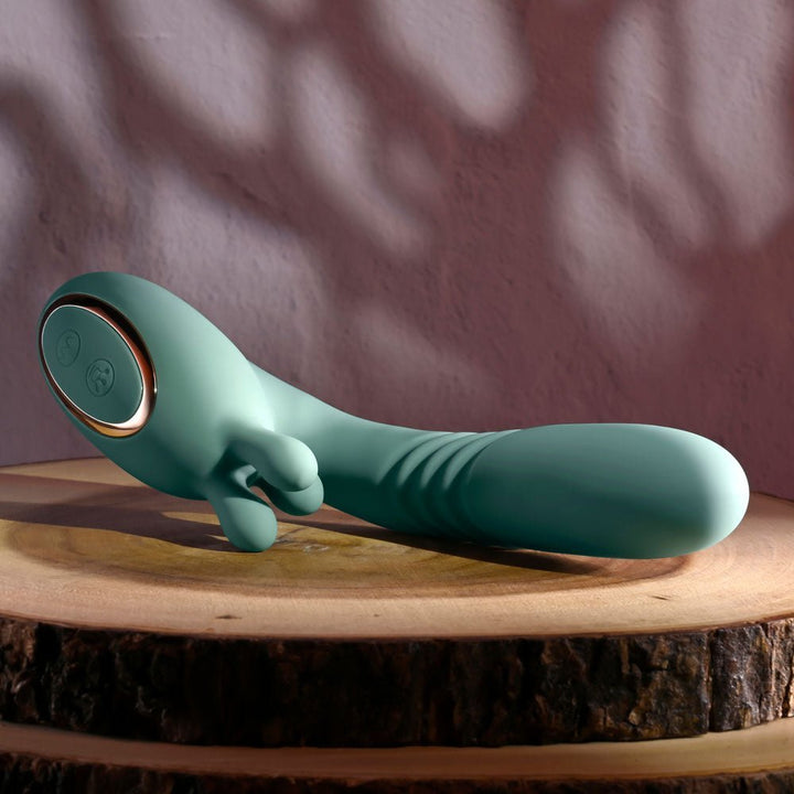 Evolved THRUST INTO ECSTASY - Green 21 cm USB Rechargeable Thrusting & Rotating Vibrator – Sex toys NZ by Naughtyhut. Discreet delivery nationwide.