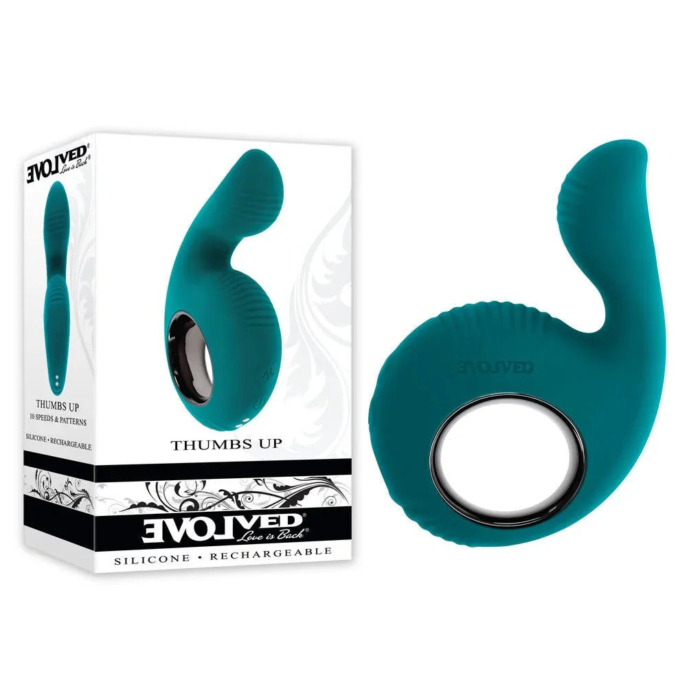 Evolved Thumbs Up retail box beside the teal green finger stimulator with its chrome-rimmed ring
