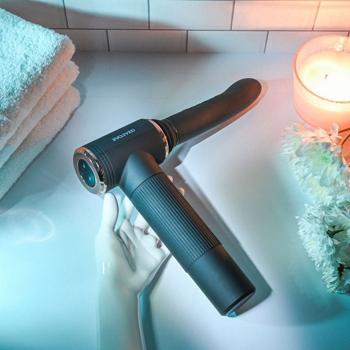 Evolved TOO HOT TO HANDLE - Black USB Rechargeable Thrusting Vibe with Stand – Sex toys NZ by Naughtyhut. Discreet delivery nationwide.