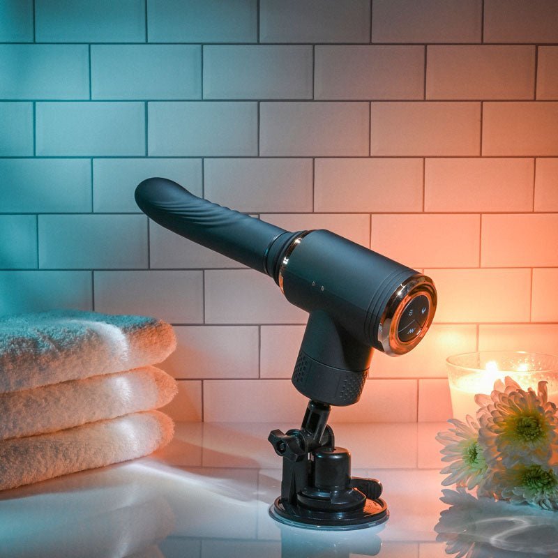 Evolved TOO HOT TO HANDLE - Black USB Rechargeable Thrusting Vibe with Stand – Sex toys NZ by Naughtyhut. Discreet delivery nationwide.