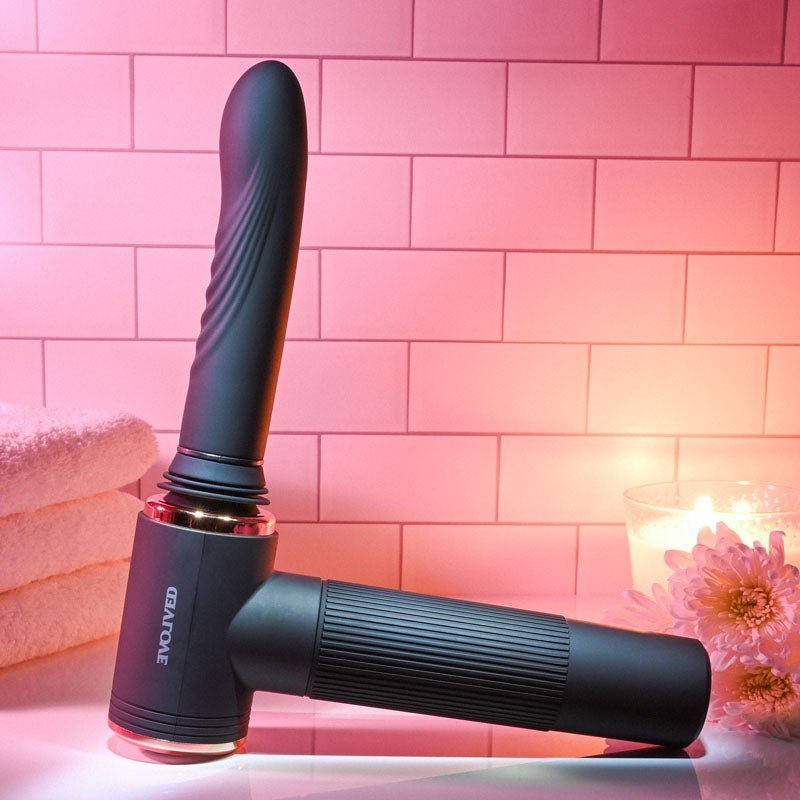 Evolved TOO HOT TO HANDLE - Black USB Rechargeable Thrusting Vibe with Stand – Sex toys NZ by Naughtyhut. Discreet delivery nationwide.