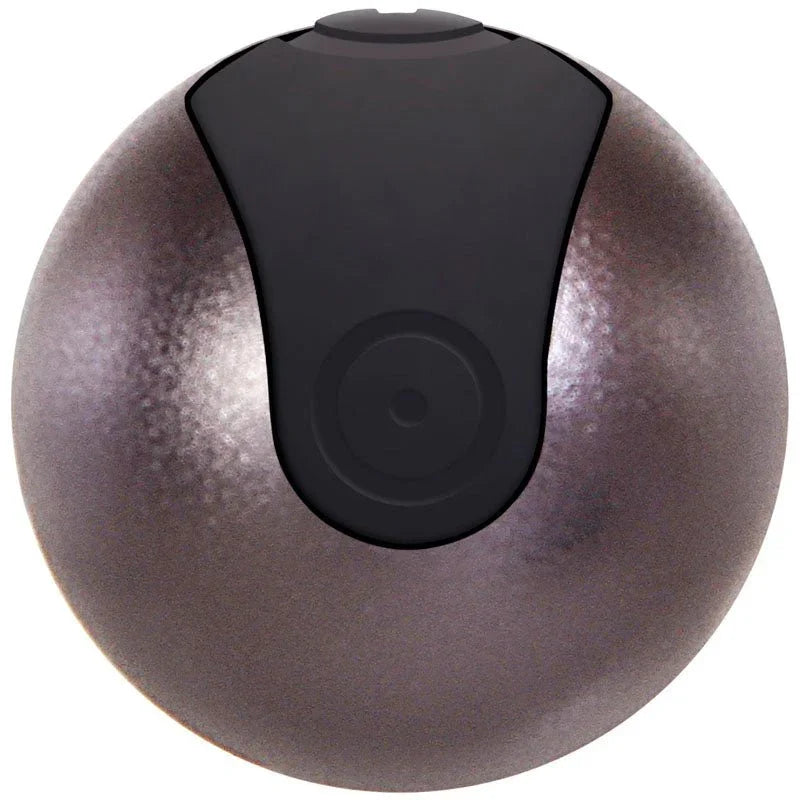 Sleek metallic sphere with black control panel, stainless steel, rechargeable design.