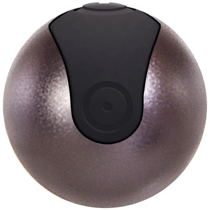 Sleek metallic sphere with black control panel, stainless steel, rechargeable design.