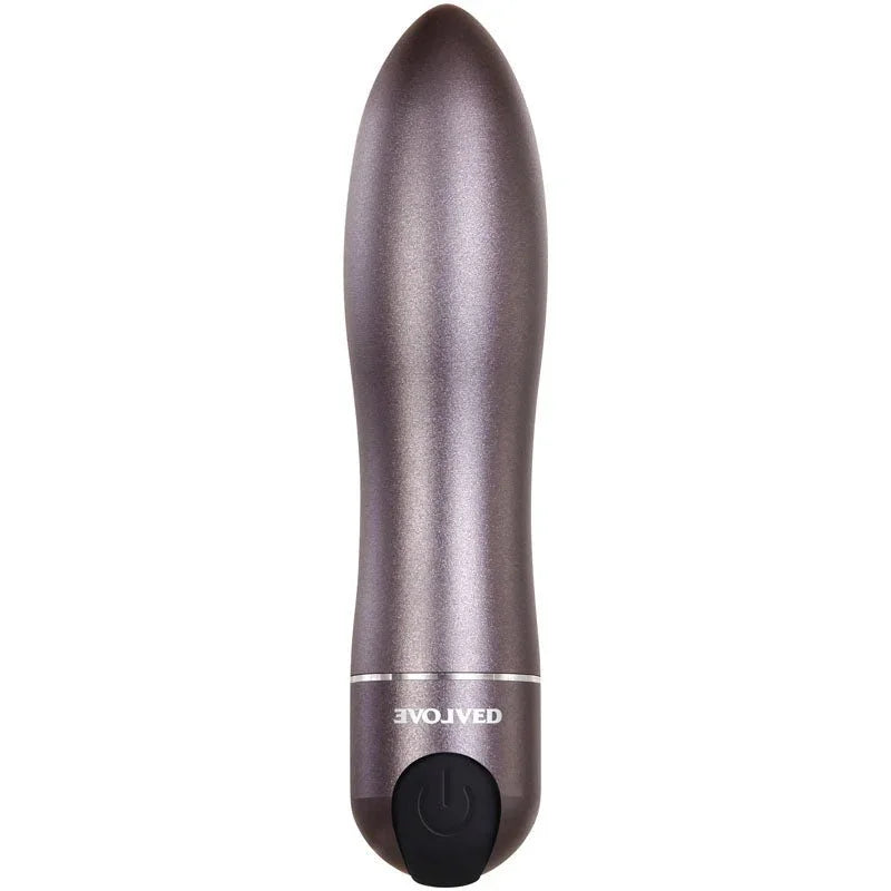 DEARLOVE vibrator in metallic purple, body-safe silicone, rechargeable with power button.