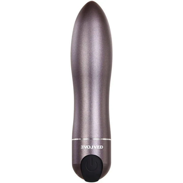 DEARLOVE vibrator in metallic purple, body-safe silicone, rechargeable with power button.